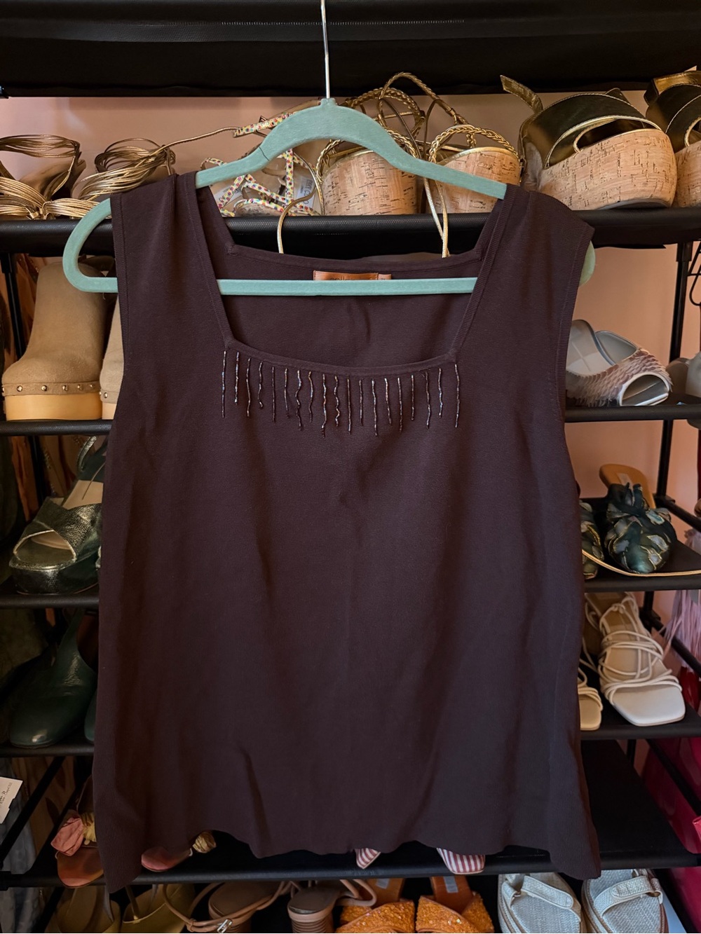Belldini Brown Sleeveless Beaded Scoop Neck Tank